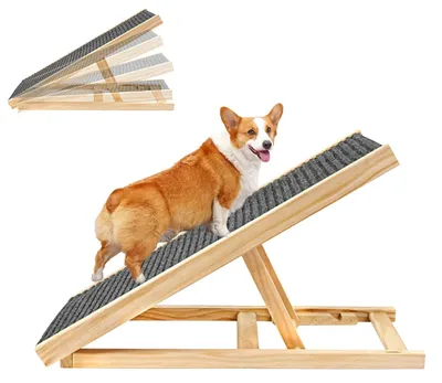Produktbild von Hunderampe und Haustiertreppe - Höhenverstellbar - 2 oder 4 Stufen - Faltbar - Rutschfeste Teppichoberfläche - Holz - Größe L