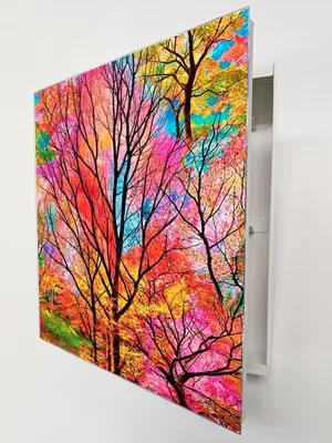 Produktbild von Schlüsselkasten Weiß aus Metall, bunter Herbstwald Motiv hinter Glas, Moderne Schlüsselbox linksöffnend, 32x28x6,5 cm, 20 Haken