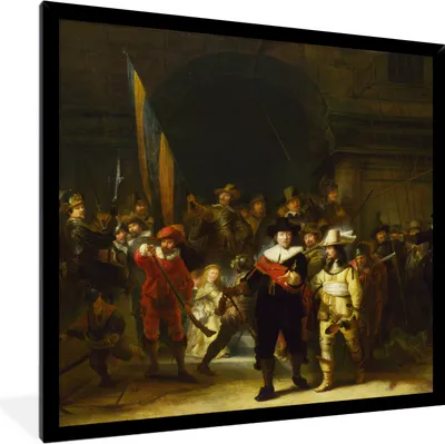 Produktbild von MuchoWow® Gerahmtes Poster Die Nachtwache - Rembrandt van Rijn 40x40 cm - Poster mit Schwarzem Bilderrahmen Wandposter Rahmen Foto Bilder - Mit Rahmen - Wanddekoration Schlafzimmer
