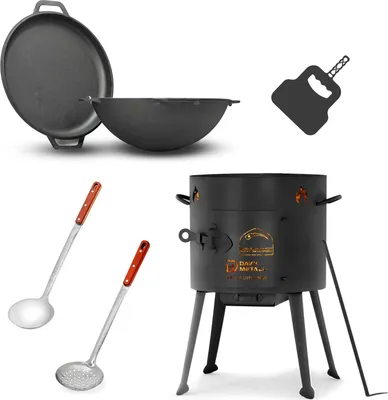 Produktbild von Ø36cm Uchag 2mm Stahl Utschak-Ofen 8L  Gusseisen Kasan Deckel Bratpfanne Pfanne Utschag Feldküche Feuerstelle Campingofen Außenküche Eintopfofen Schaumkelle Grillfächer