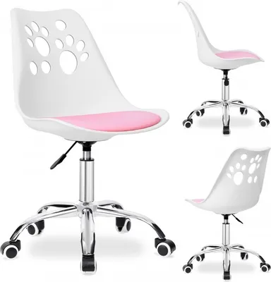 A white office chair with a pink seat cushion and paw print cutouts on the backrest, shown from multiple angles.