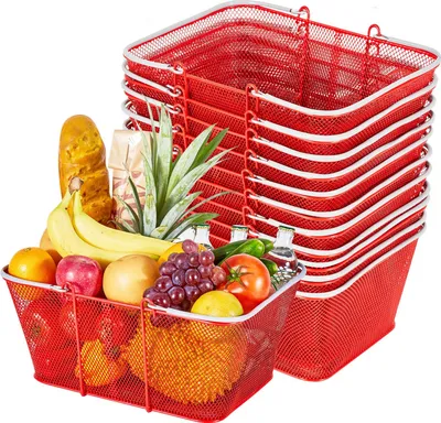 Produktbild von Einkaufskörbe - Set 12 Stück - 22 L Volumen - Metallkorb mit Griffen - Stapelbar - Für Supermarkt & Einzelhandel - Rot