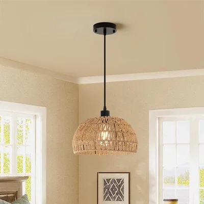 Produktbild von Ibenzoa® Rattan‑Hängeleuchte – handgefertigter Lampenschirm aus Naturpapier & gewebtem Seil, Ø31 × H20 cm, E27‑Fassung, max. 60 W, höhenverstellbar 30–140 cm