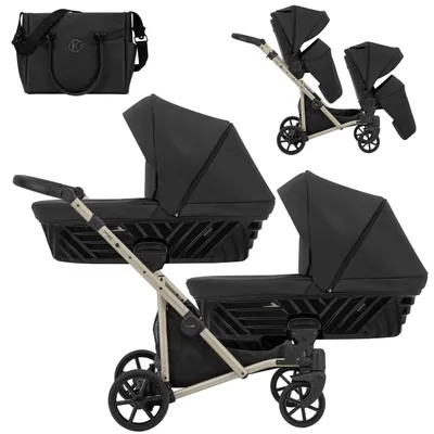 Produktbild von Kinderwagen IVENTO DUO 2 in 1 Komplettset Zwillingskinderwagen Geschwisterwagen Zwillingsbuggy Doppelkinderwagen (Black Pearl, Rahmenfarbe: champagne)