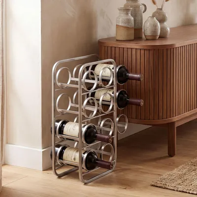Immagine prodotto di FineBuy, scaffale per vino da 47 cm, argento, design moderno. Porta bottiglie in metallo, da appoggio, per 11 bottiglie. Porta bottiglie per vino, design moderno, realizzato a mano