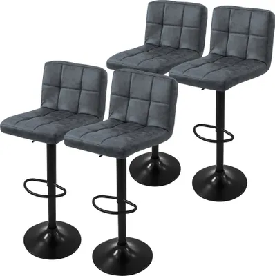 Four gray bar stools are arranged in a group against a white background.