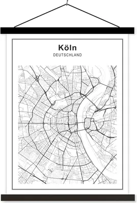 Produktbild von MuchoWow® Textilposter Stadtplan - Köln - Schwarz und weiß 120x160 cm mit schwarzem Rahmen - Magnetischer