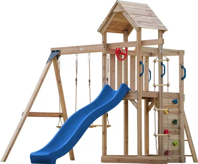 Produktbild von AXI Moos Spielturm aus Holz mit 2 Schaukeln & Strickleiter | XXL Spielhaus / Spielplatz für Kinder mit Kletterwand, Sandkasten & Rutsche in Blau | Schaukelgerüst für den Garten