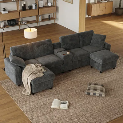 Produktbild von STILVORA U-förmiges Sofa mit zwei Fußhockern Relaxsofa mit Stauraum und zwei Getränkehaltern,Sitzgruppe mit 1 USB-Anschluss,Bettsofa mit 2 Steckdosen und 2 Type-C-Anschlüssen,Grad