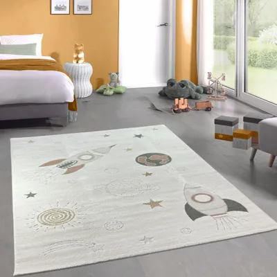 Produktbild von Abenteuerlicher Kinderteppich Raumschiffen Planeten Sterne in creme grau beige Größe - 160 x 230 cm