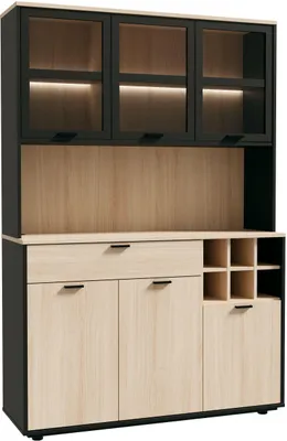 Image de Buffet de cuisine MANTEK, 122,8 x 41,5 x 183 cm, Chêne/Noir, Style industriel, Éclairage LED inclus