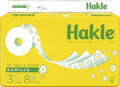 Obrázek produktu pro Hakle® 10106 Toaletní papír PLUS s heřmánkem - třívrstvý, reliéfní, s reliéfními póry, bílý s dekorem, role se 150 listy, 8 rolí