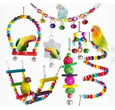 Image de Ensemble de 7 jouets pour oiseaux en bois naturel, comprenant une balançoire, une échelle, une cloche et un miroir
