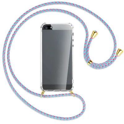 Produktbild von Handykette Backcover-Schutzhülle mit Band (Metall goldfarben) für Apple iPhone 5, 5S, SE - pink/mint