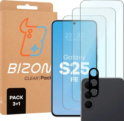 Produktbild von Gehärtetes Glas - 3 Stück + Kameraschutz für Galaxy S25 FE, Bizon Glass Clear Pack