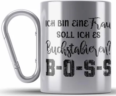Produktbild von Trendation - Karabiner Edelstahl Tasse Karabiner Edelstahl mit Spruch Frauen Geschenk Frau Lustige Sprüche Boss Spruch Mama Edelstahl Tasse Karabiner (Silber)