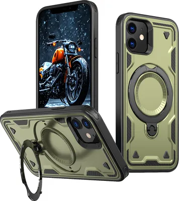 Produktbild von Dual Layer Hülle für iPhone 12/iPhone 12 Pro Metall Ring Ständer Magnetisch Stoßfest Militär Handyhülle Grün