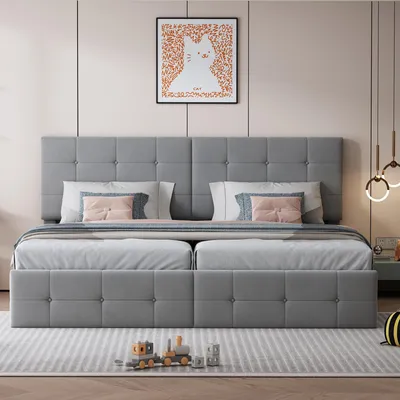 Productafbeelding van Bekleed bed 180 x 200 cm, bed met bedbox met hydraulisch mechanisme, ombouwbaar naar 2 eenpersoonsbedden, verstelbaar hoofdbord, fluweel, grijs