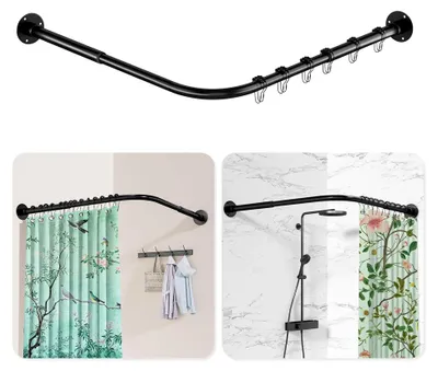 Produktbild von Duschvorhangstange L-Form, [60-134 cm] × [60-134 cm] Verstellbare Duschstange für die Ecke, Duschvorhanghalterung mit 12 Ringen und Deckenstütze für Badewanne/Badezimmer, Bohr-Montage erforderlich, Schwarz