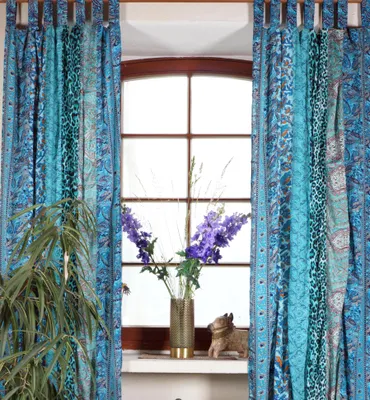 Produktbild von Boho Patchwork Vorhänge, 1 Paar Bohemia Gardine aus Sareestoff, Unikat 300 cm - Türkis, Blau, Polyester, Dekovorhänge