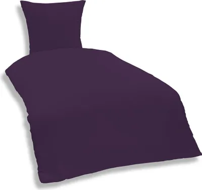 A purple duvet cover and pillowcase set laid out on a white background.