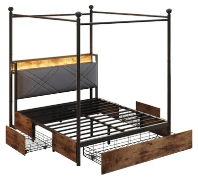 Produktbild von Metallbett - Doppelbett - Stil B - 140 x 190 cm - Mit Stauraum - Himmelbett - Abnehmbare Bettpfosten mit LED und USB-C - Schwarz