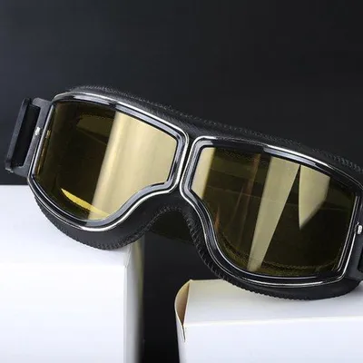 Produktbild von Motorradbrille Vintage Aviator Pilotstil Leder Cruiser Motocross Brille für Erwachsene Schwarz