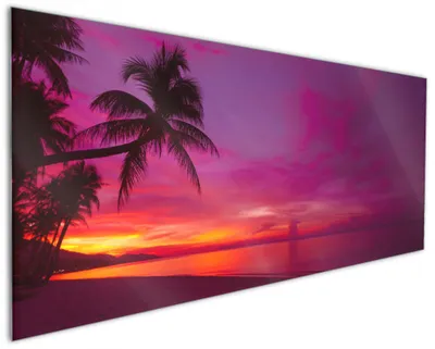 Produktbild von Wallario Küchenrückwand aus Glas, Größe: 125 x 50 cm, Motiv: Abendrot unter Palmen - pinker Himmel am Strand | Spritzschutz | abwischbar | pflegeleicht | in