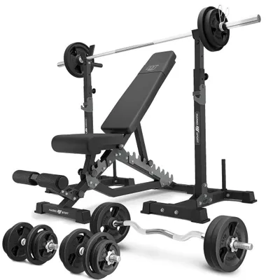 Immagine prodotto di Marbo Sport - Set MS34_2.0_113KG | Panca bifacciale + rastrelliera per manubri (2 pezzi) con fermo di sicurezza + set di barre e piastre peso 113 kg