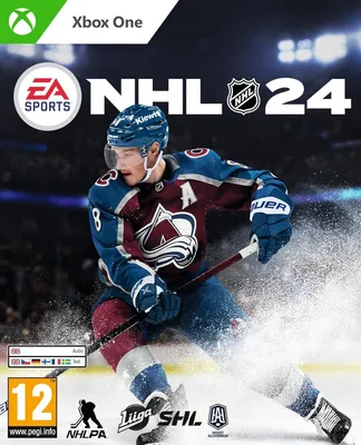 A hockey player in action on the ice, with game title and logos.