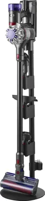 A vacuum cleaner stand with a vacuum cleaner docked on it, against a white background.