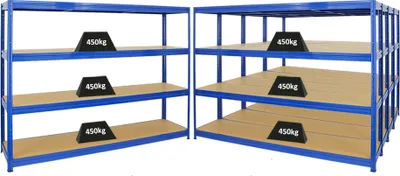 Produktbild von Mega Deal | 5x Schwerlastregal DINO | HxBxT 180x240x60 cm | 4 MDF-Platten-Ebenen 6,5 mm |  Fachlast 450kg | Blau