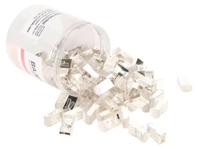 Image de Lot de 100 connecteurs RJ45 CAT6e « pass-through » en cuivre pur, blindés, prêts à l'emploi, avec embouts à sertir pour câble Ethernet 8P8C plaqués argent