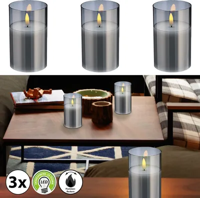 Produktbild von LED Echtwachs Kerze im Glas 3er Set 7,5x12,5cm Kerzenset Flackerfunktion Timerfunktion