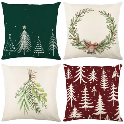 Immagine prodotto di Cuscini decorativi natalizi, set di 4, effetto lino, 45x45 cm, motivo albero di Natale