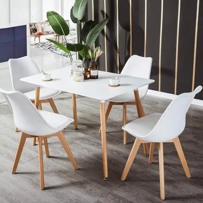 Productafbeelding van Eetset, 5-delig, wit, bestaande uit 4 stoelen en een eettafel van MDF/massief hout