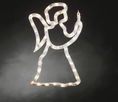 A white rope light silhouette of an angel holding a candle against a dark background.