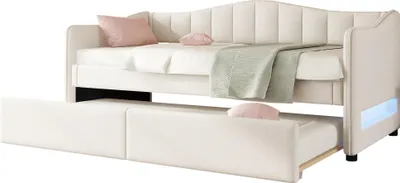 Zdjęcie produktu dla Łóżko dzienne Sweiko, łóżko dzienne 90x200 cm z wysuwanym łóżkiem, rozkładana sofa, łóżko pojedyncze (bez materaca), oświetlenie otoczenia, pościel, minimalistyczna stylistyka, beżowy