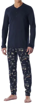 Produktbild von Schiesser Comfort Baumwolle Schlafanzug Set aus Langarm-Shirt und langer Hose, Single Jersey aus Baumwolle, Bequemer Schnitt für Komfort dunkelblau 54