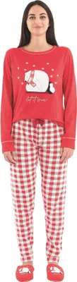 Produktbild von Sorbetto Damen moderner Pyjama / langer Schlafanzug / Homewear-Anzug in stylischem Look, Langarm Rot/Weiß mit Eisbär, Gr. M