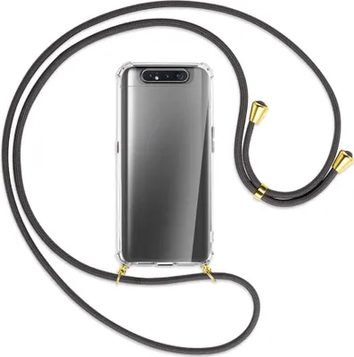Produktbild von Handykette Backcover-Schutzhülle mit Band (Metall goldfarben) für Samsung Galaxy A80 - dunkelgrau