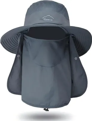 Produktbild von Sonnenmütze Herren Angelhut Sommerhut UV Schutz Fischerhut mit Breiter Krempe Gesichtsabdeckung sowie Nackenschutz Wanderhut dunkelgrau