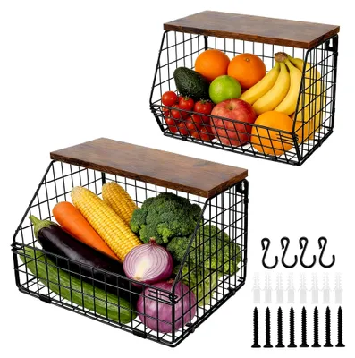 Produktbild von 2 Etagere Obstkorb Hängend, Hängekorb Küche 2 Etagen, Stapelbar Obstschale Obst Gemüse Aufbewahrung Wand Obstkorb mit Holzdeckel (M und L)