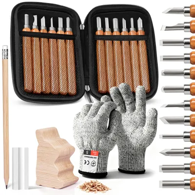 Produktbild von Gubias 17-teiliges Set – Holzschnitzset für Anfänger – Holzschnitzmesser – Löffelmesser – Lindenholz – Hochwertige Gravur