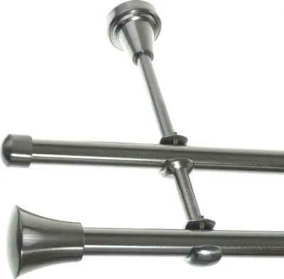 Produktbild von Gardinenstange Set Edelstahl Look Metall Ø 16mm zur Wandbefestigung 2-lauf Knauf, Länge wählbar H24 E19 E17