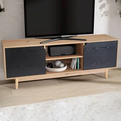 Produktbild von WOHNLING Lowboard Eiche-Nachbildung Schwarz 150x55x40 cm TV-Kommode Modern TV-Schrank Hoch Fernsehtisch Fernsehschrank mit zwei Türen Fernsehkommode