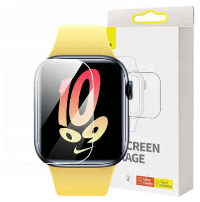 A screen protector for an Apple Watch is shown next to its packaging.