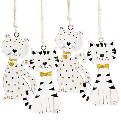 Produktbild von 4 Katzen Deko Holzanhänger Gold weiß 7,5 cm Holz Hängedekoration Katzenbesitzer