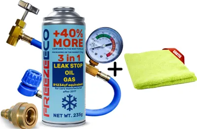 Produktbild von 3in1 Kältemittel + Klimaanlagenleitung FreezeEco Dichtmittel R1234yf 290g + Mikrofaser