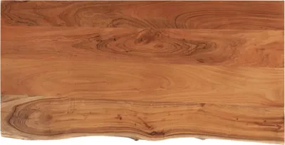 A close-up view of a wooden tabletop with a live edge.